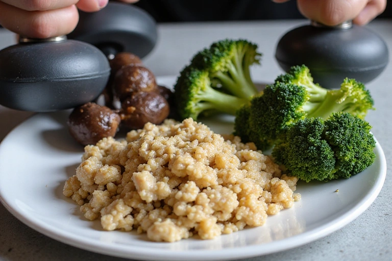 Hanteln und proteinreiche Lebensmittel