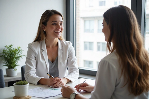 Frau in einem Gespräch mit einem Ernährungsberater, lächelnd und Notizen machend